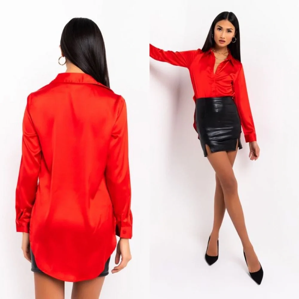 Red Longline Button Down Blouse - Picture 4 of 4